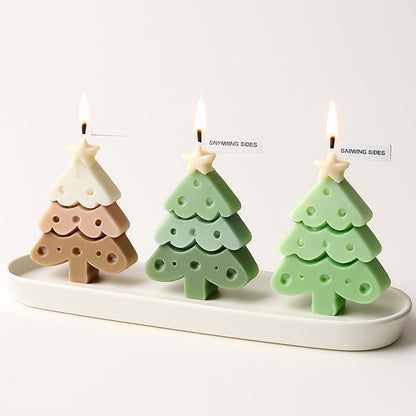 Eco-Friendly Handmade Christmas Tree Candle in Brown, White, and Green