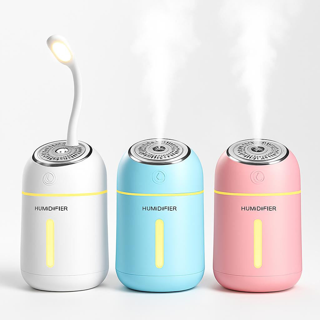 Portable Ultrasonic Humidifier in White, Blue, and Pink