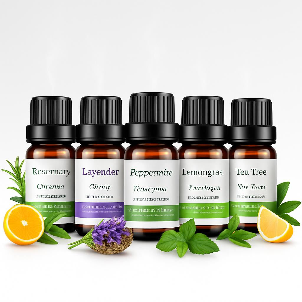 Natural Aromatherapy Essential Oils Set in Eco-Friendly Glass Bottles