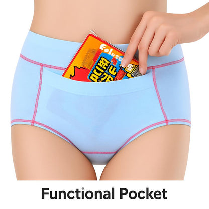 Light blue women's cotton briefs with pink stitching and front pocket