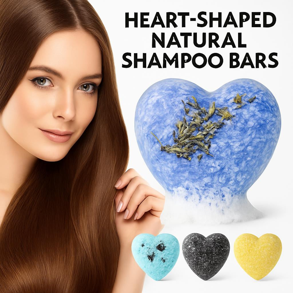 Heart-shaped natural shampoo bars in various colors