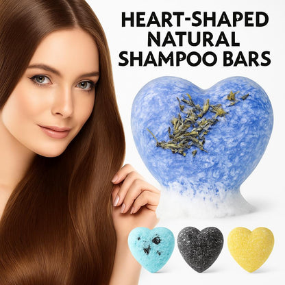 Heart-shaped natural shampoo bars in various colors