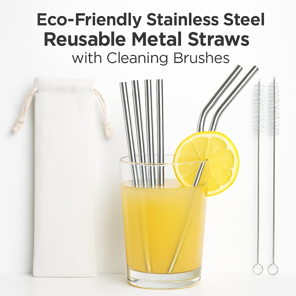 Eco-Friendly Stainless Steel Reusable Metal Straws with Cleaning Brushes