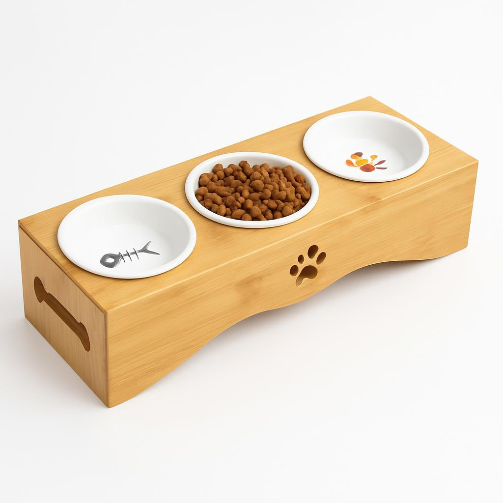 Eco-Friendly Bamboo Pet Feeding Station with Ceramic Bowls