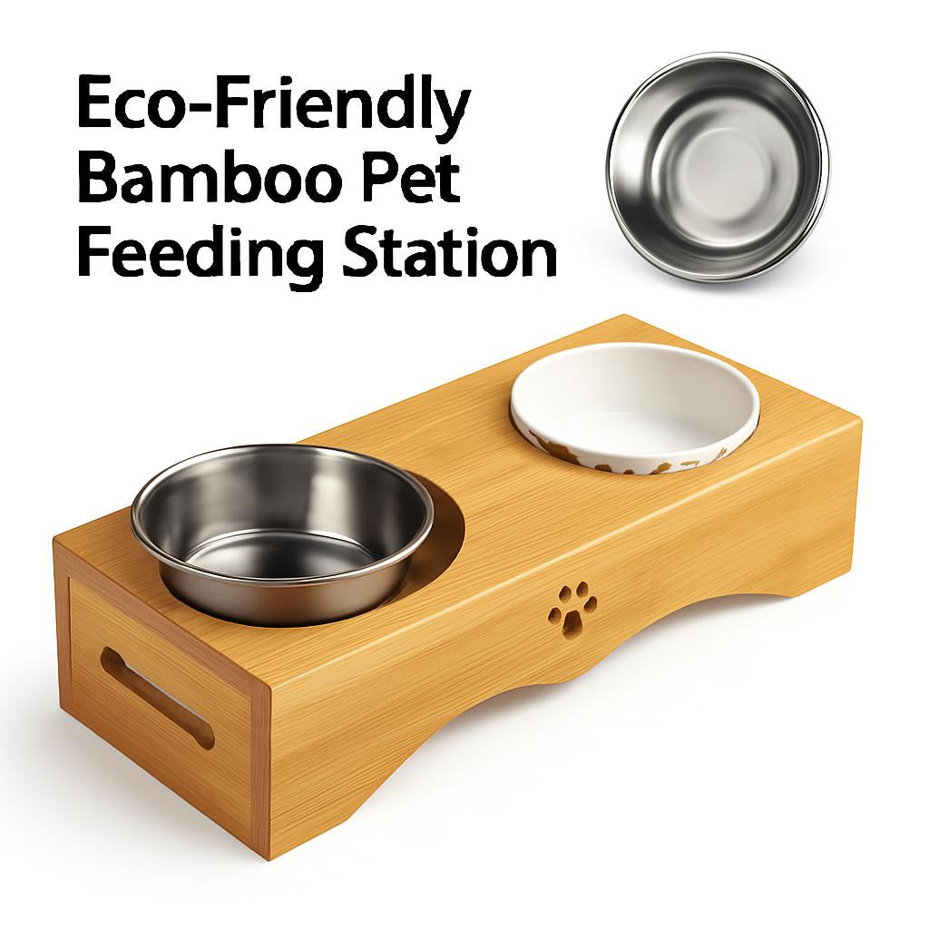 Eco-Friendly Bamboo Pet Feeding Station with Ceramic Bowls