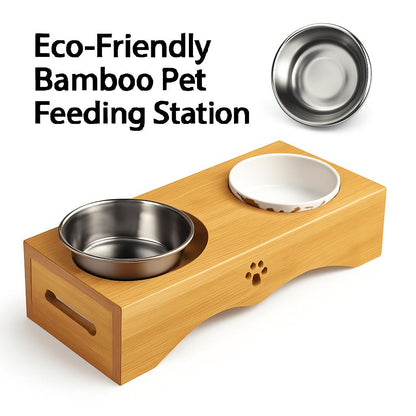 Eco-Friendly Bamboo Pet Feeding Station with Ceramic Bowls