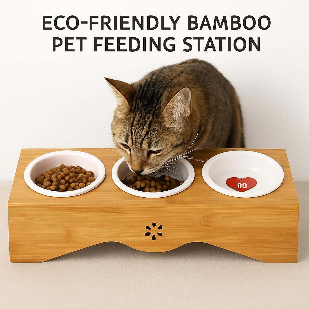 Eco-Friendly Bamboo Pet Feeding Station with Ceramic Bowls