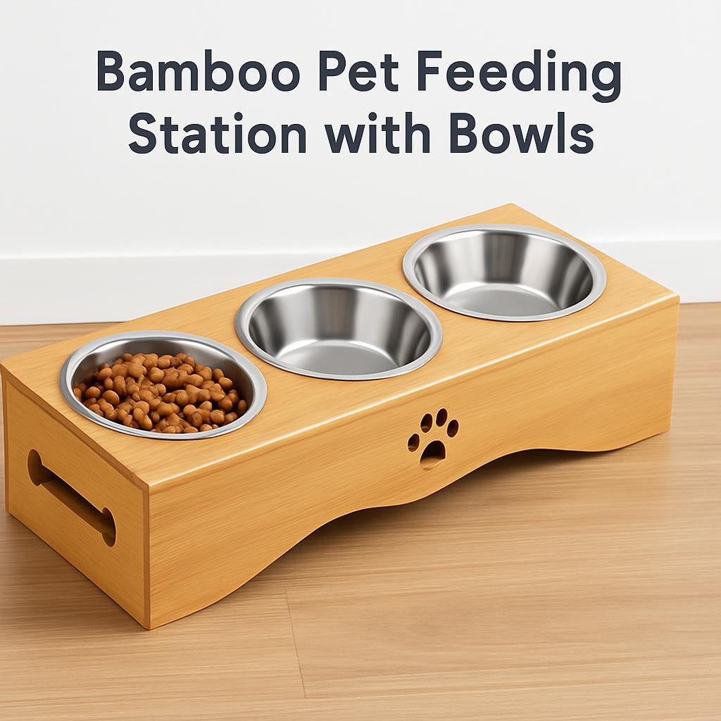 Eco-Friendly Bamboo Pet Feeding Station with Ceramic Bowls