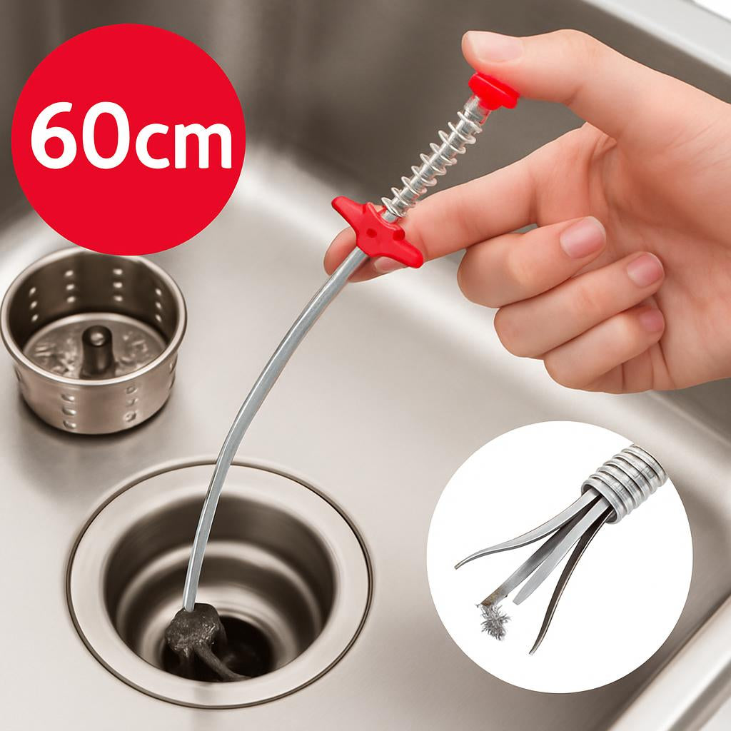 Eco-Friendly Drain Clog Remover Tool with Metal Shaft and Red Handle
