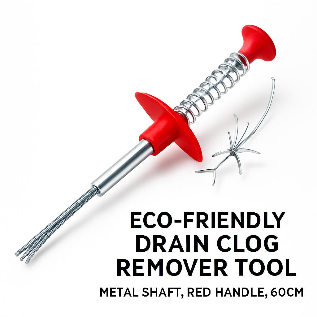 Eco-Friendly Drain Clog Remover Tool - Metal Shaft, Red Handle, 60cm