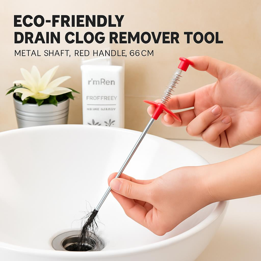Eco-Friendly Drain Clog Remover Tool - Metal Shaft, Red Handle, 60cm