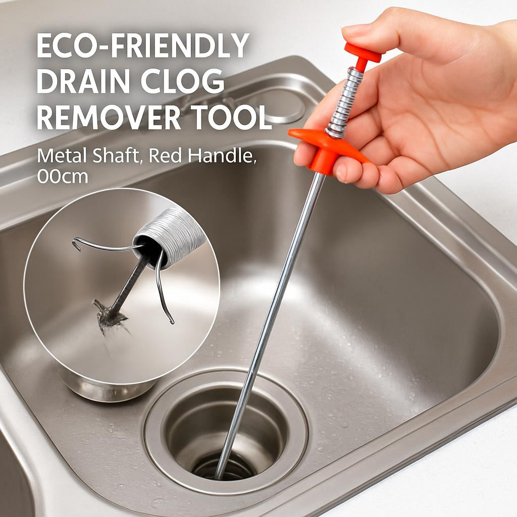 Eco-Friendly Drain Clog Remover Tool - Metal Shaft, Red Handle, 60cm