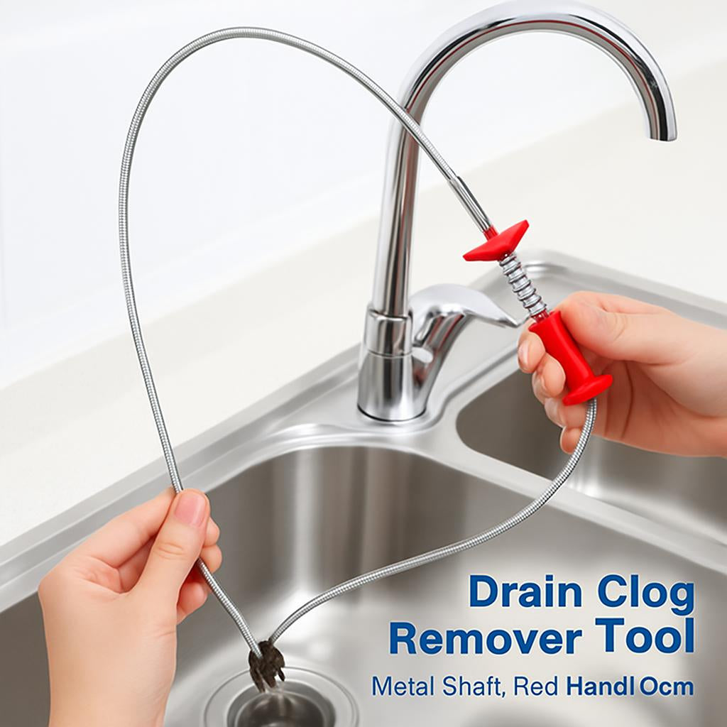 Eco-Friendly Drain Clog Remover Tool - Metal Shaft, Red Handle, 60cm