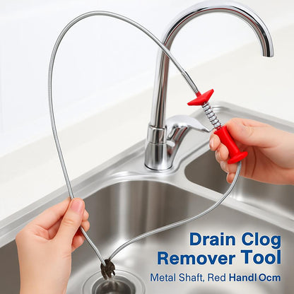 Eco-Friendly Drain Clog Remover Tool - Metal Shaft, Red Handle, 60cm