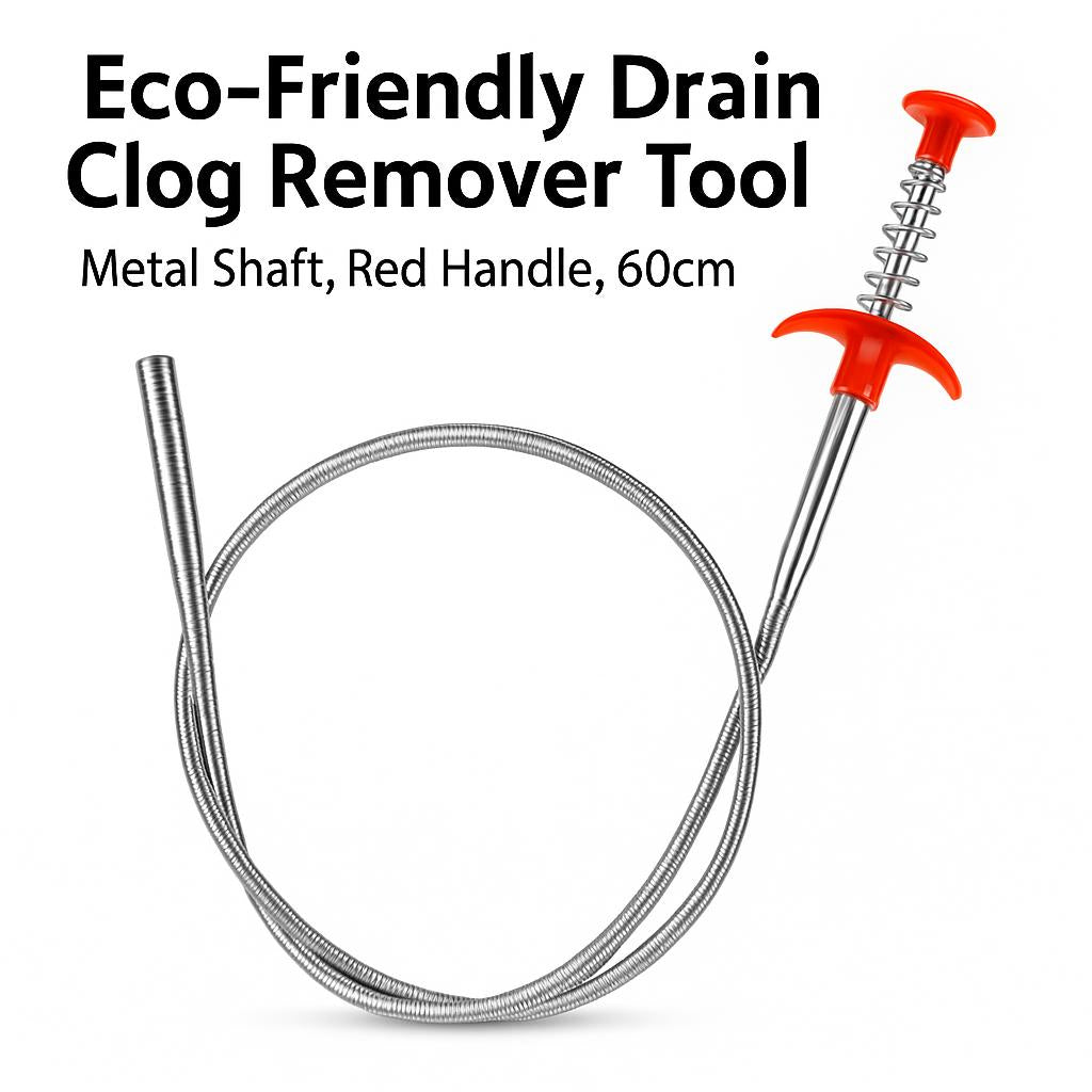 Eco-Friendly Drain Clog Remover Tool - Metal Shaft, Red Handle, 60cm