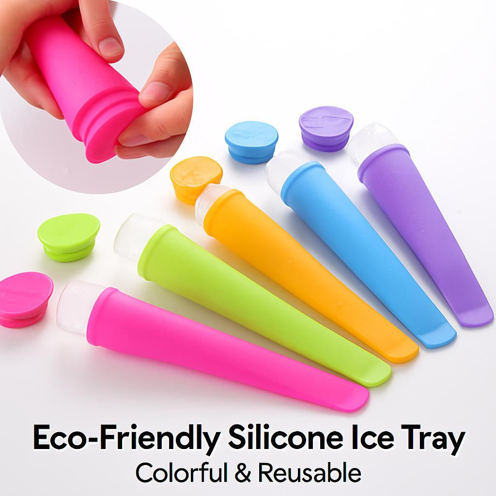 Colorful silicone ice pop molds in pink, green, orange, blue, and purple