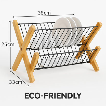 Eco-Friendly Bamboo & Metal Dish Drying Rack - Sustainable Kitchen Organizer