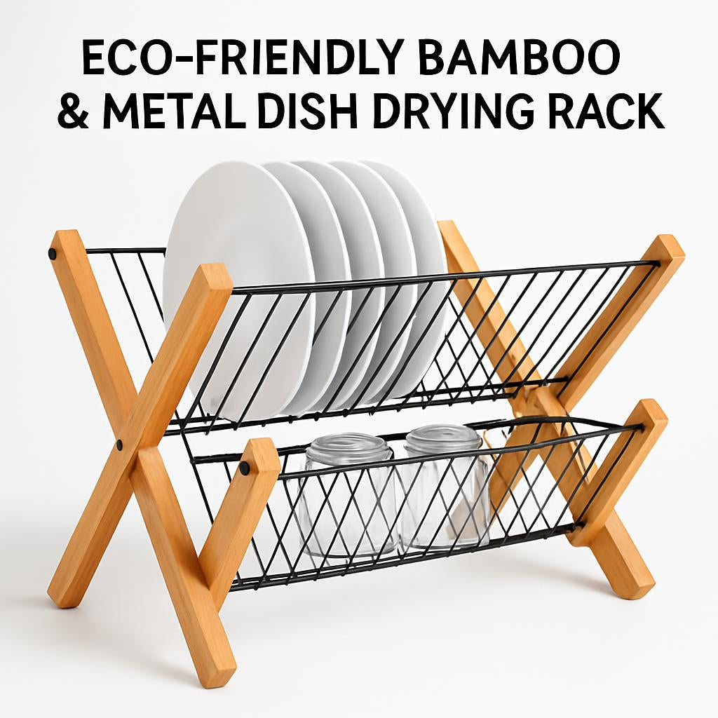 Eco-Friendly Bamboo & Metal Dish Drying Rack - Sustainable Kitchen Organizer