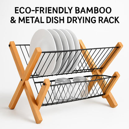 Eco-Friendly Bamboo & Metal Dish Drying Rack - Sustainable Kitchen Organizer