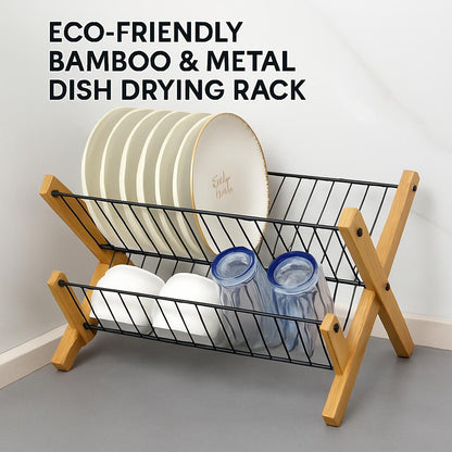 Eco-Friendly Bamboo & Metal Dish Drying Rack - Sustainable Kitchen Organizer