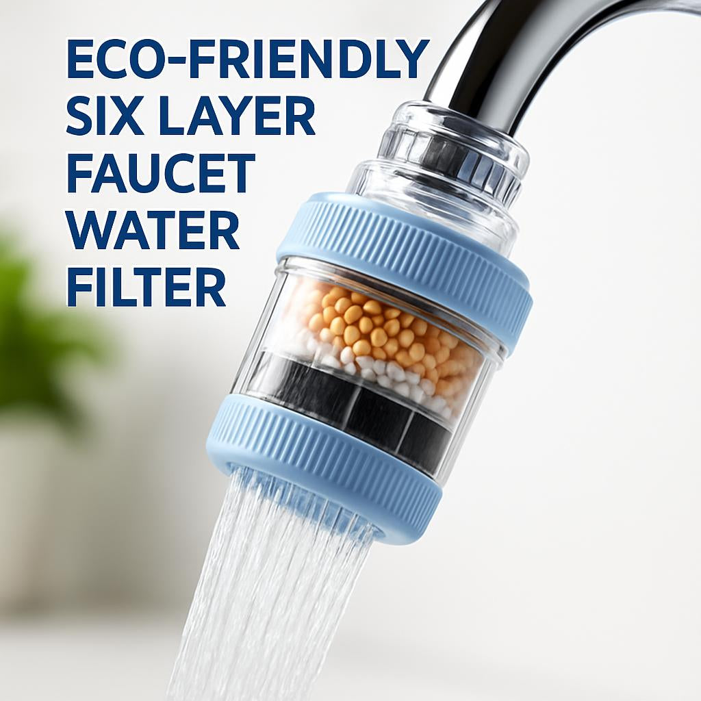 Blue and transparent cylindrical faucet water filter with replaceable beads
