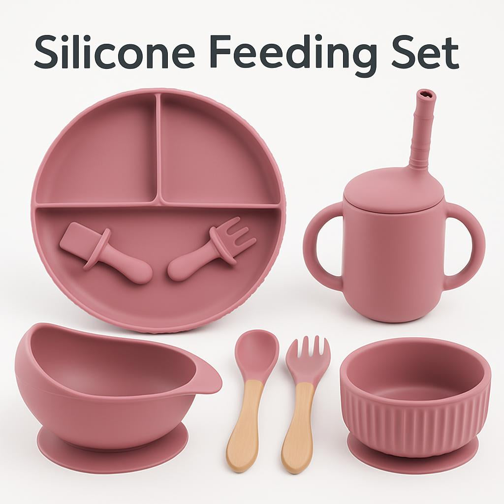 Eco-Friendly Pink Children's Dinnerware Set with Silicone and Wood