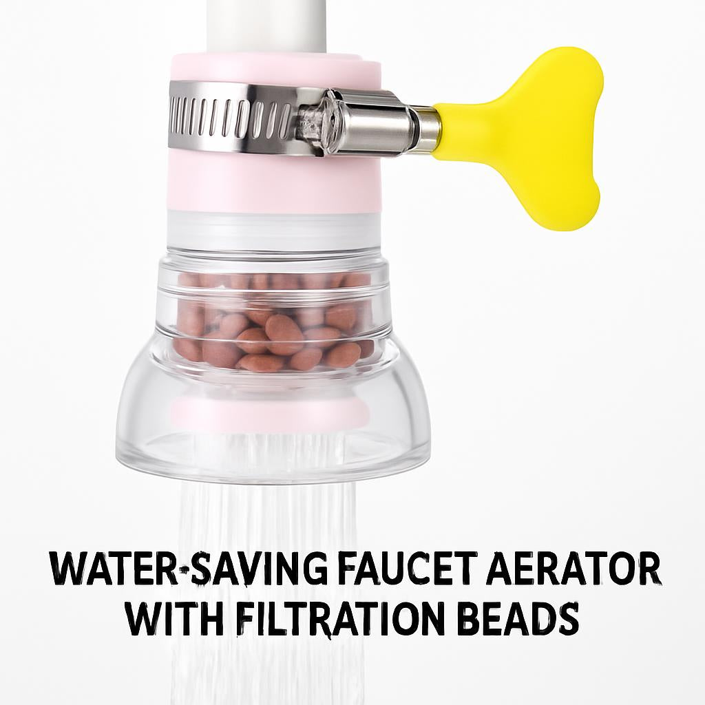 Transparent faucet aerator with pink and yellow accents featuring filtration beads