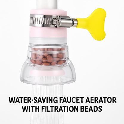 Transparent faucet aerator with pink and yellow accents featuring filtration beads