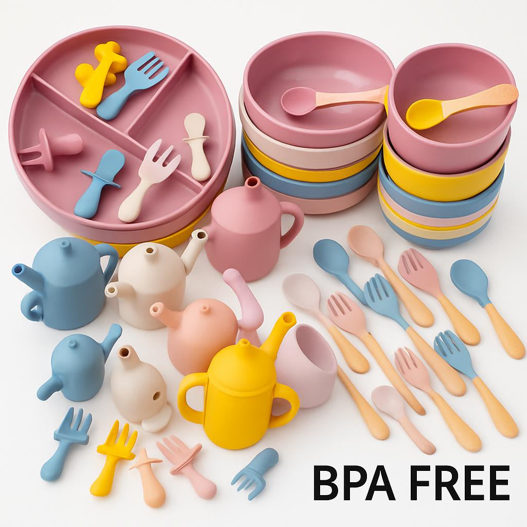 Eco-Friendly Pink Silicone Baby Feeding Plate Set