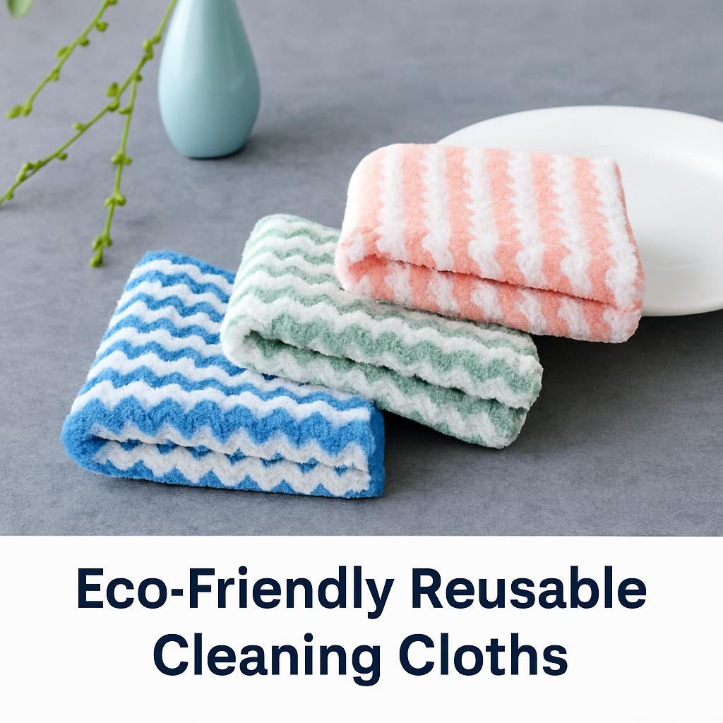 Eco-Friendly Reusable Cleaning Cloths in Blue, Green, and Pink with White Stripes