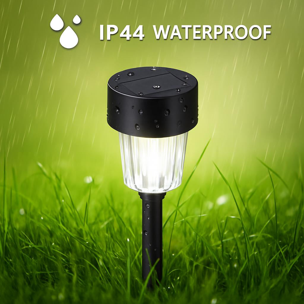 Solar-powered eco-friendly garden lights with cylindrical top and pointed stake