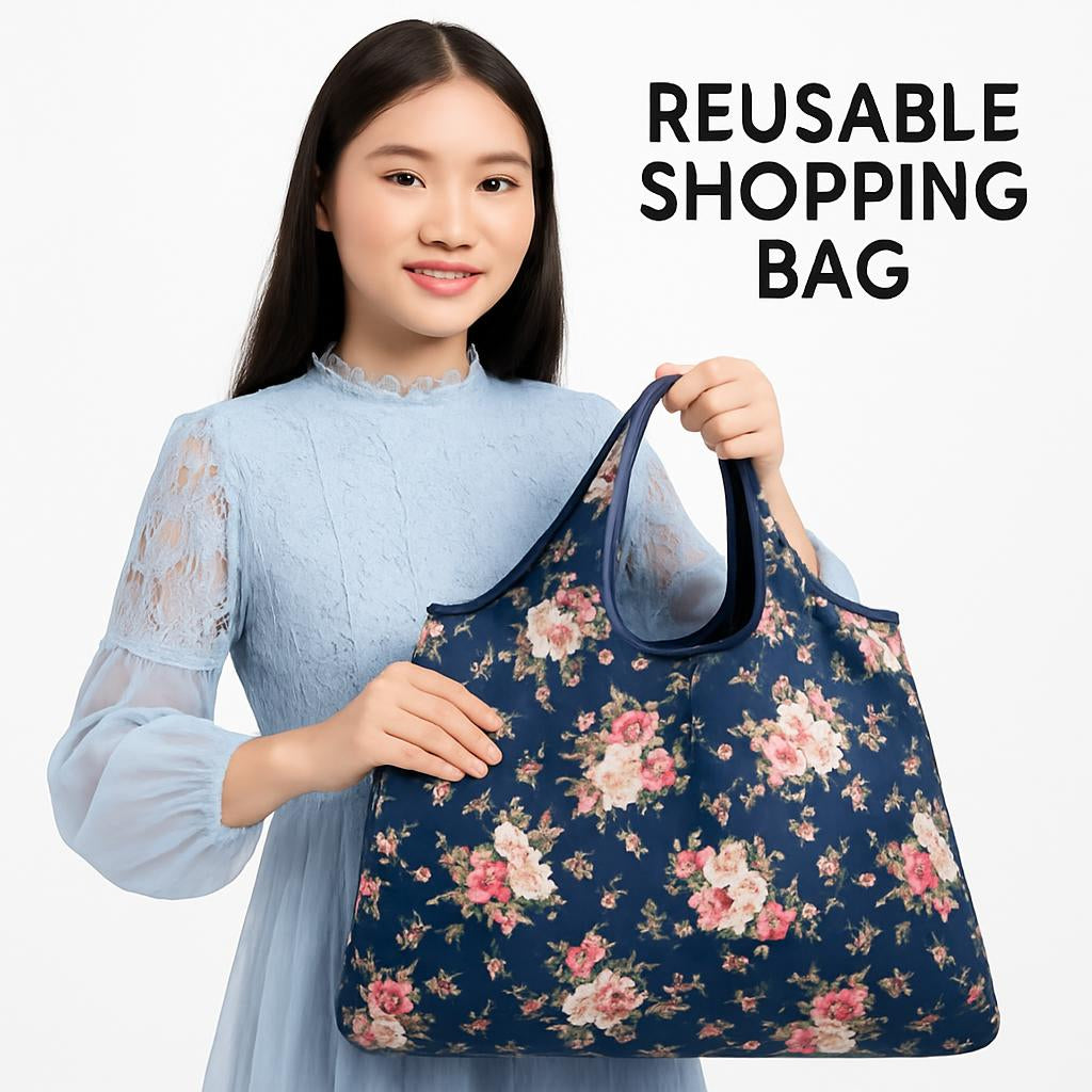 Dark blue floral reusable shopping bag for groceries