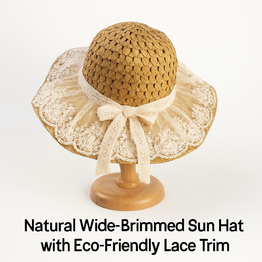 Natural wide-brimmed sun hat with eco-friendly lace trim