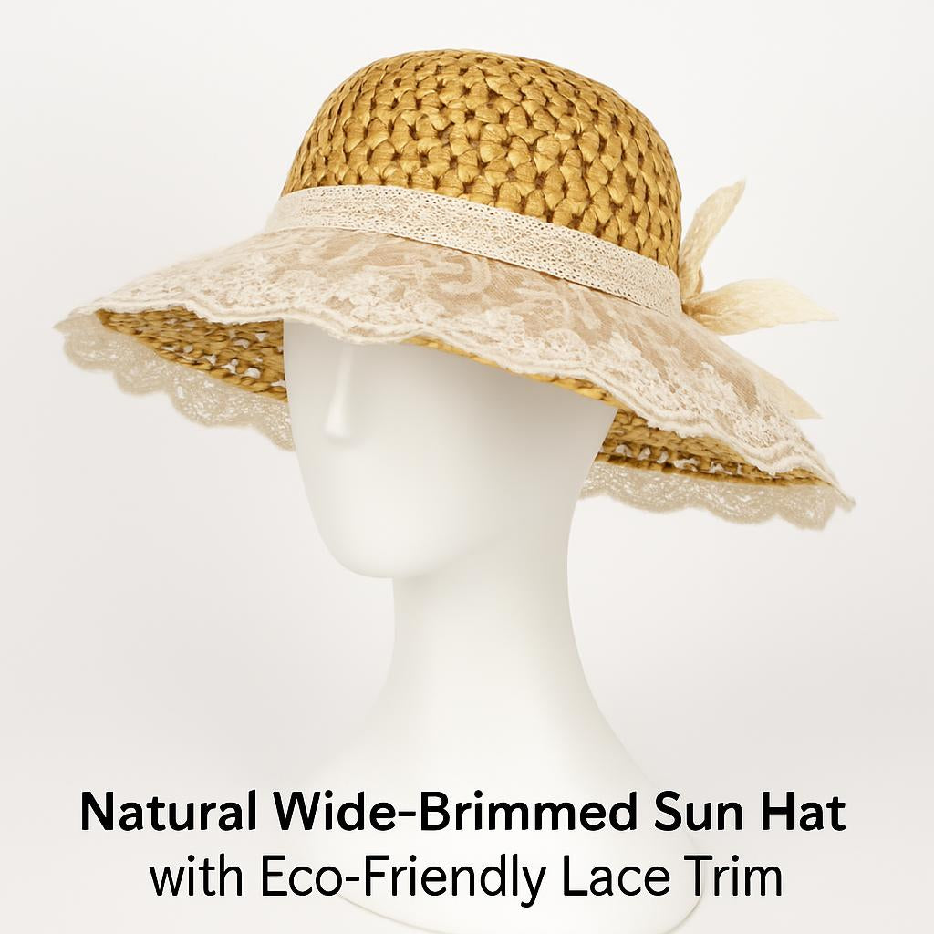 Natural Wide-Brimmed Sun Hat with Eco-Friendly Lace Trim