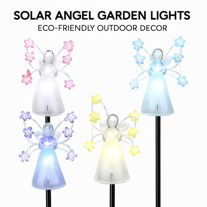 Solar Angel Garden Lights in pink, blue, yellow, and white