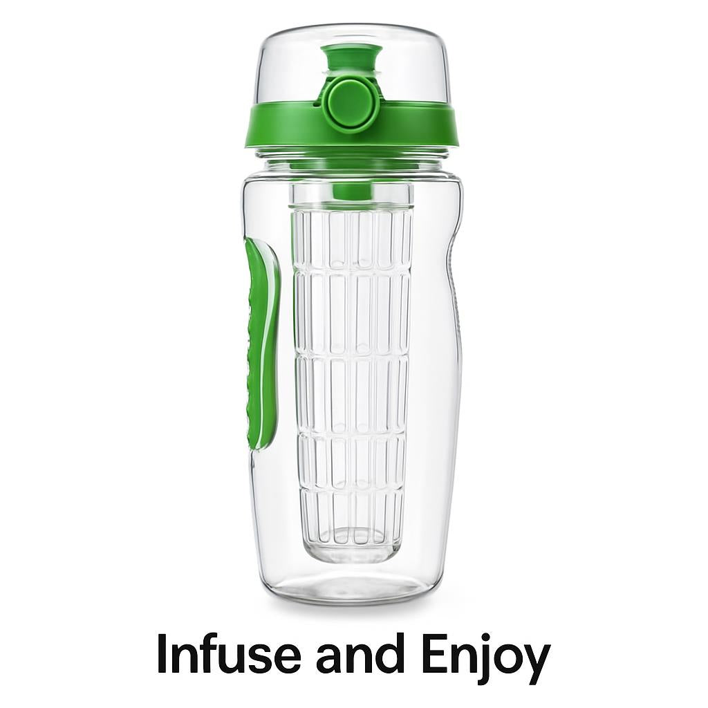 Clear water bottle with green accents and infuser