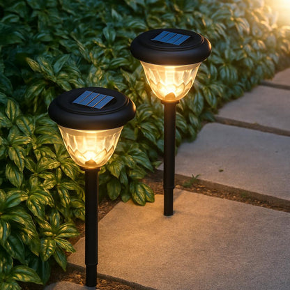 Solar-powered eco-friendly garden lights illuminating an outdoor space