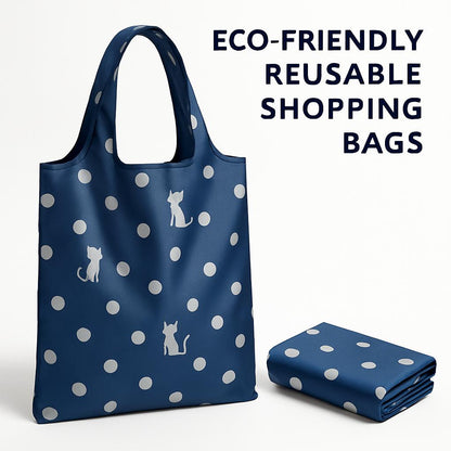 Eco-Friendly Reusable Shopping Bags - Blue Polka Dots & Cat Pattern