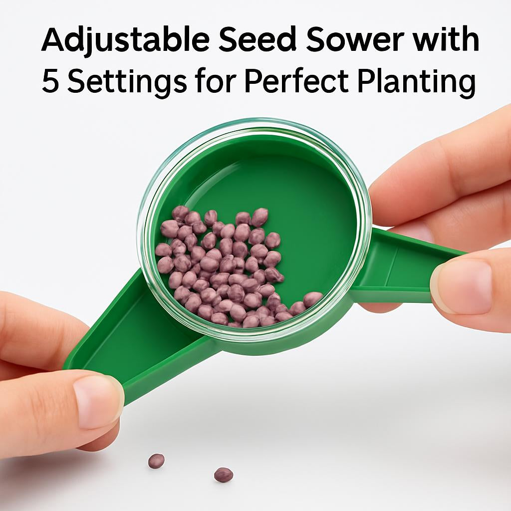 Green circular seed sower with tapered spout for precise gardening