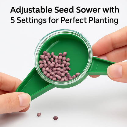 Green circular seed sower with tapered spout for precise gardening