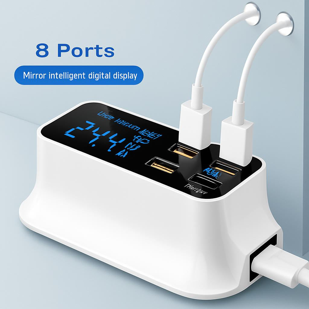 Compact Multi-Port USB Charging Station in White with Black Display
