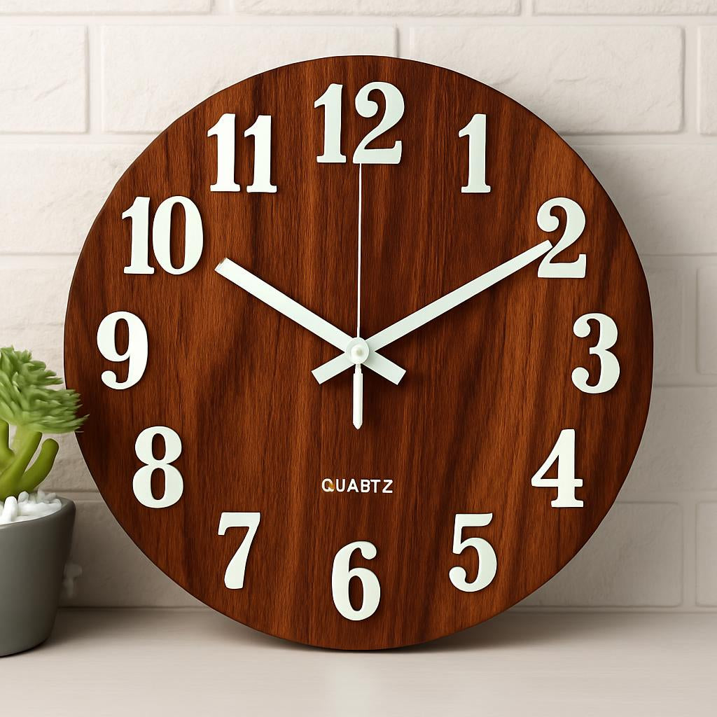 Eco-Friendly Wooden Analog Wall Clock with Brown and White Design