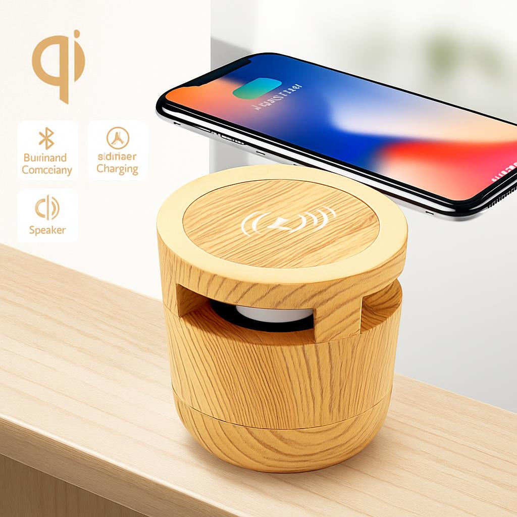 Eco-Friendly Bluetooth Speaker with Wireless Charging in Light Wood Grain