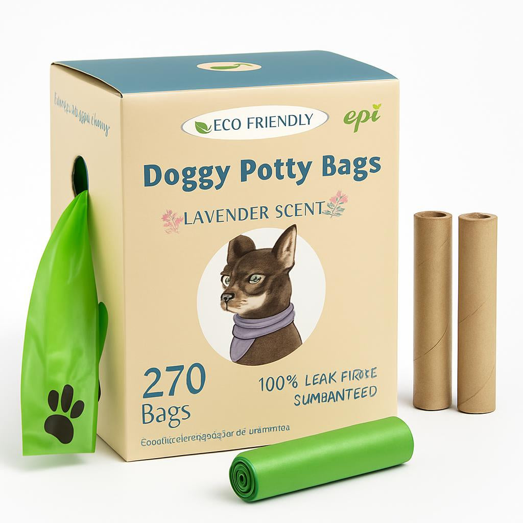 Eco-Friendly Lavender Scented Doggy Potty Bags in Light Blue and Beige Packaging
