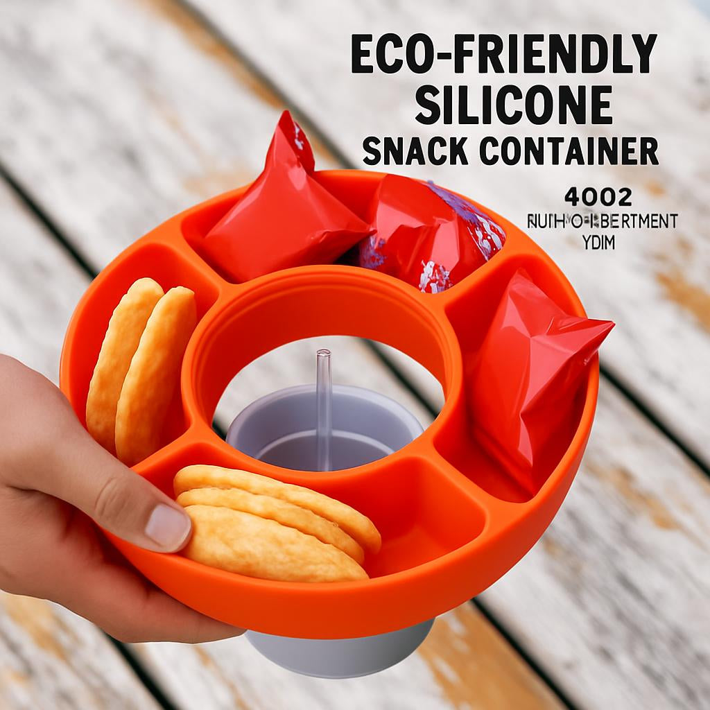 Circular snack and drink holder with multiple compartments in orange, pink, and beige