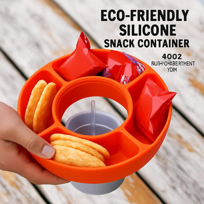 Circular snack and drink holder with multiple compartments in orange, pink, and beige