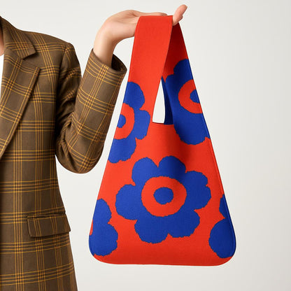 Eco-Friendly Reusable Cotton Bag - Red with Blue Floral Pattern