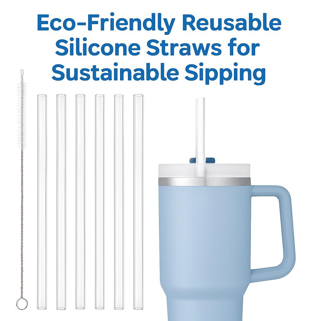 Transparent reusable glass straws with silver cleaning brush
