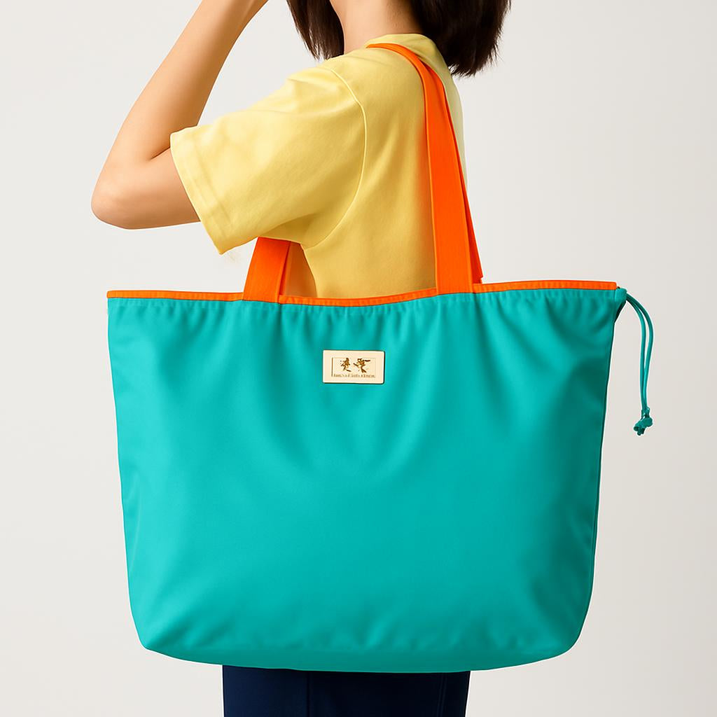 Turquoise Reusable Tote Bag with Orange Handles