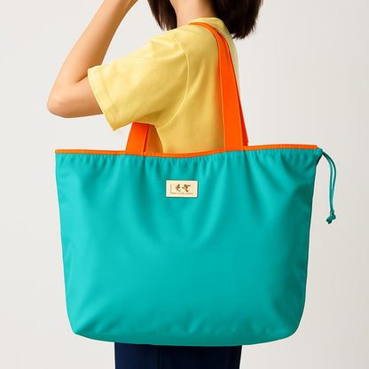 Turquoise Reusable Tote Bag with Orange Handles